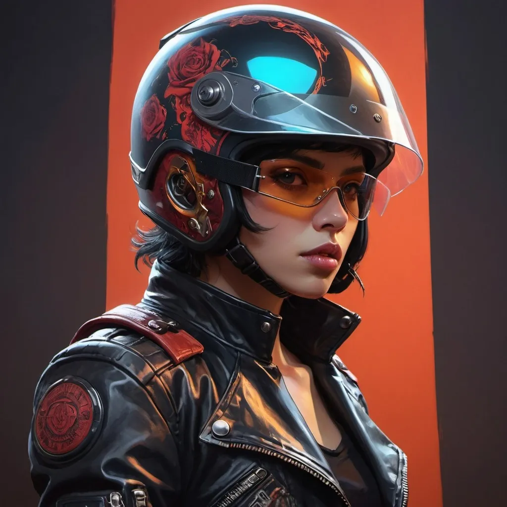 Prompt: a drawing of a person with a motorcycle helmet on and a jacket on and a helmet on his head, Eve Ryder, vanitas, sakimi chan, concept art