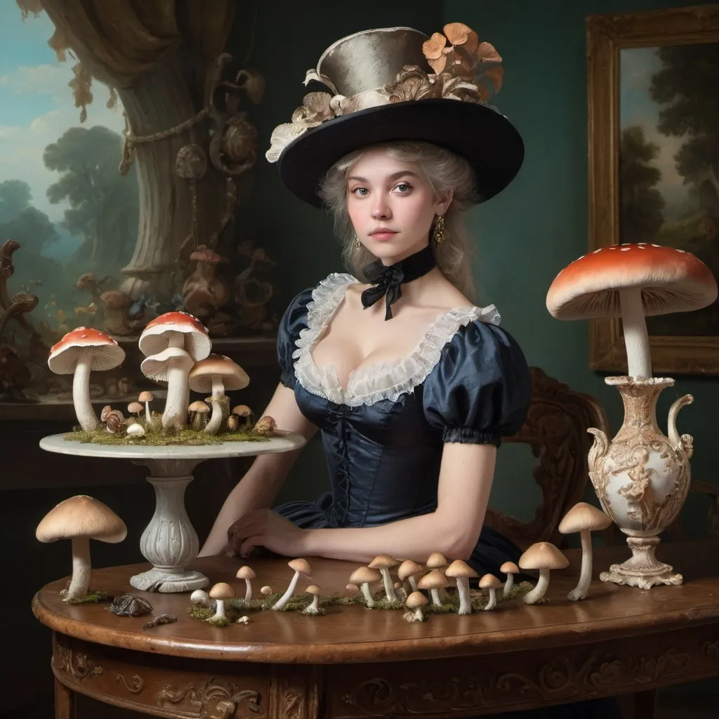 Prompt: a woman in a top hat sitting on a table with a vase and a mushroom in the background and a mushroom - like mushroom in the foreground, Alice Prin, rococo, official art, a detailed painting