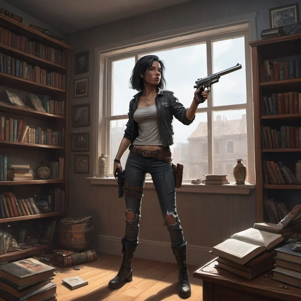Prompt: a woman with a gun in a room with a window and a shelf full of books and other items, Eddie Mendoza, shock art, trending on artstation hq, concept art