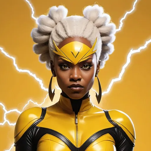 Prompt: X-Men Storm in a black and yellow outfit with a lightning bolt on her head and a yellow background with a yellow background, Chinwe Chukwuogo-Roy, afrofuturism, storm, concept art