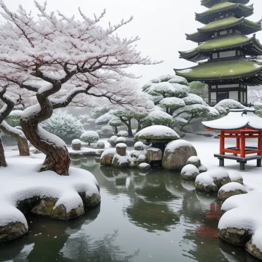 Prompt: Japanese garden in the winter snow