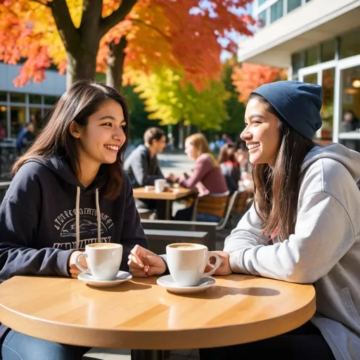 Prompt: Two university students, (enjoying their time), sitting at a patio of a (lively coffee shop), at Simon Fraser University, Vancouver, BC, (cheerful atmosphere), Fall colours in the background, (bright sunlight casting soft shadows), vibrant colors, (candid expressions), coffee cups in hand, ultra-detailed, inviting ambiance, (friendliness), a sense of camaraderie, (high quality), capturing the essence of student life. Both are facing each other and talking. One is wearing a hoodie and the other a white T shirt.