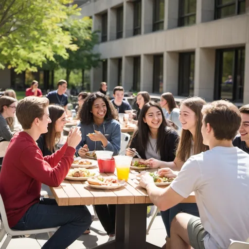 Prompt: 20 Canadian university students, from a mix of cultures including some white, are having lunch outside on a university campus patio. It's sunny and they are talking to each other sitting in small groups. They are enjoying themselves. 
