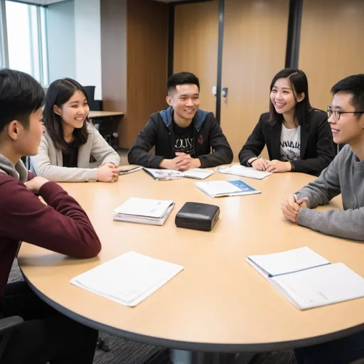 Prompt: 4 international university students from China and Taiwan and Malaysia are sitting around a round table at a Canadian university with one student facilitator and talking lively.