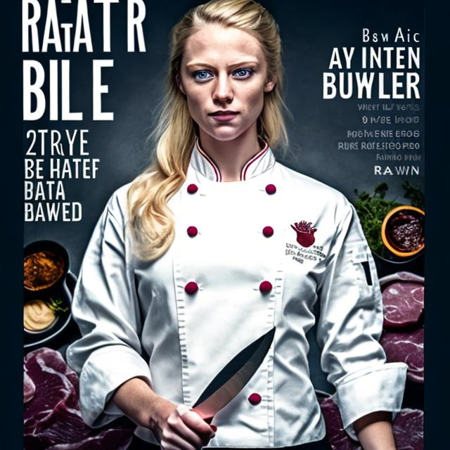 Prompt: Book cOver. 27 yo female, blond, blue eyes, 5'10", holding a 119 special buck knife wearing a chef coat with chef Kate embroidered on it with a plate of raw meat on table in front of her. 