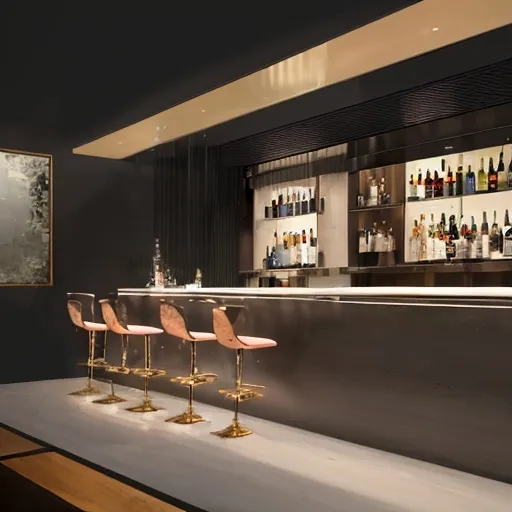 Prompt: A modern serene  high end bar with double height ceill8jg and an industrial them