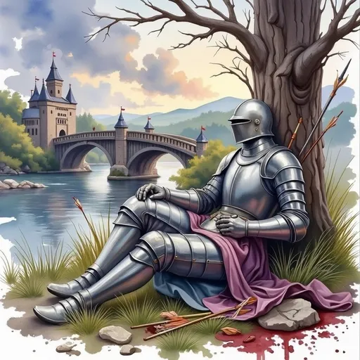 Prompt: knight laying against tree after defending his castle, the knight is silver, the knight has broken armor in some spots showing hes wounded maybe even mortally, the castle has a draw bridge, the sky is mystical , there is grass and blood stains in some areas around the knight, arrows broken and hit into the ground, river over the drawbridge , beauty in death and loyalty