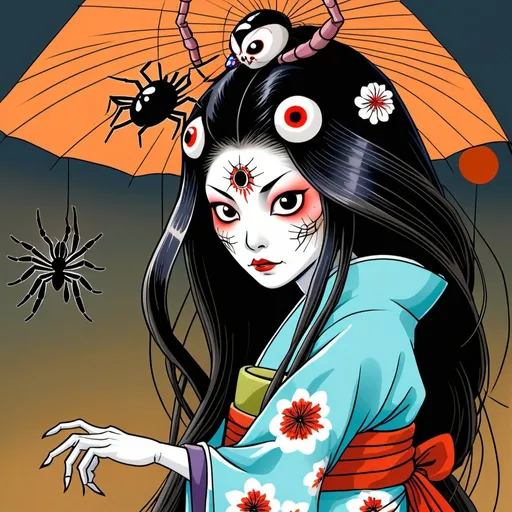 Prompt: jorogumo the spider yokai in a traditional japanese folklore style. she is a beautiful woman that is half spider