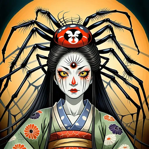 Prompt: jorogumo the spider yokai in a japanese folklore style. she is a beautiful woman 