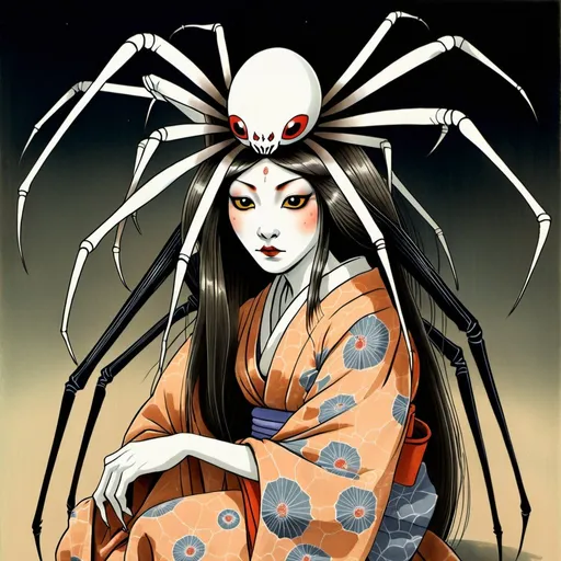 Prompt: jorogumo the spider yokai in a traditional japanese folklore style. she is a beautiful woman that is half spider