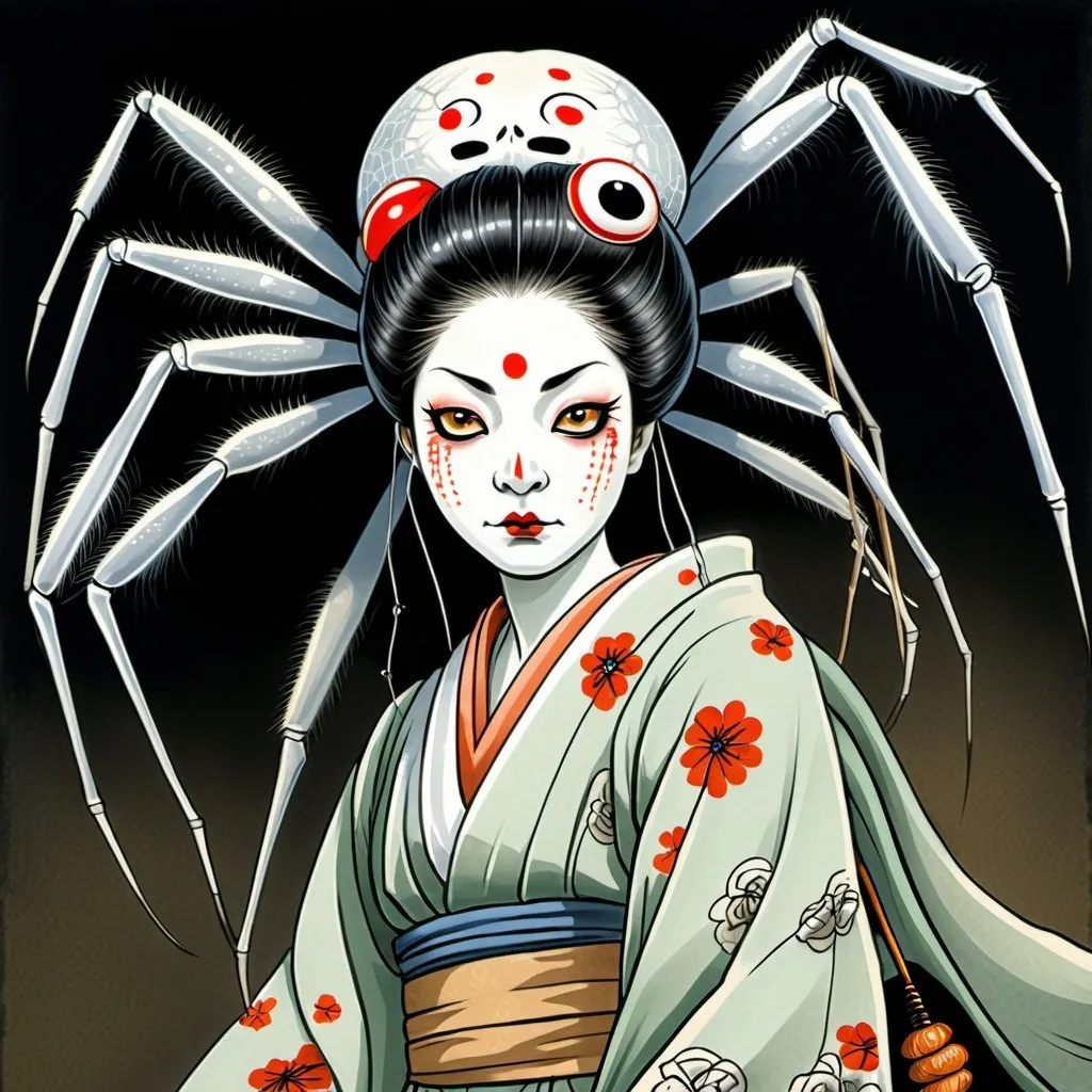 Prompt: jorogumo the spider yokai in a japanese folklore style. she is a beautiful woman 