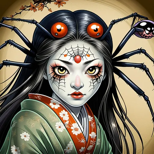 Prompt: jorogumo the spider yokai in a japanese folklore style. she is a beautiful woman 