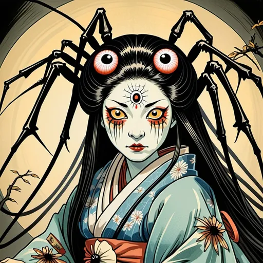 Prompt: jorogumo the spider yokai in a japanese folklore style. she is a beautiful woman 