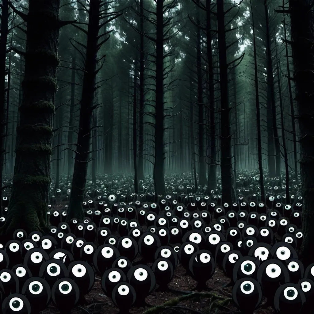 Prompt: very dark forest with monster eyes visible, hundreds of them. very sinister. 