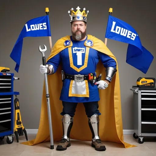 Prompt: Create a king standing in a hero pose with a crown of tools and lowes Kobalt tools brand flags of tribute

