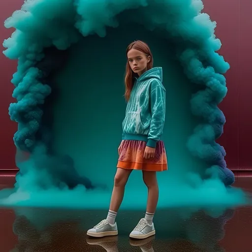 Prompt: Generate high-definition girl with freckles, wearing a dress in tye dye look, with crochetet shrimps, hoody, monochrome lilac and burgundy, in the style of stella mccartney kids, maximilism,  contemporary fashion shoot, hyper realistic, model photography, 1000px poses, detailed, studio background,  retro, silver futuristic sneakers