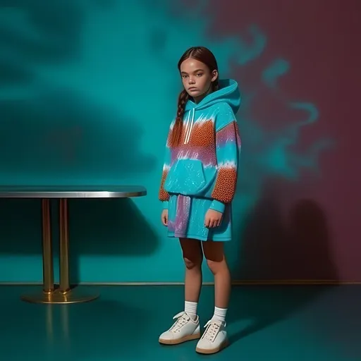 Prompt: Generate high-definition girl with freckles, wearing a dress in tye dye look, with crochetet shrimps, hoody, monochrome lilac and burgundy, in the style of stella mccartney kids, maximilism,  contemporary fashion shoot, hyper realistic, model photography, 1000px poses, detailed, studio background,  retro, cool blue high sneakers