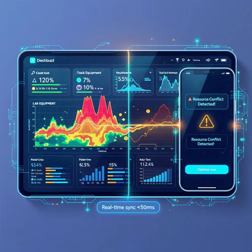 Prompt: "A high-tech dual-screen dashboard illustration, left side showing a large monitoring screen with: 
- A heatmap of lab equipment usage (red/yellow/green zones)  
- Floating task progress bars with percentage labels  
Right side showing a mobile phone interface with:  
- Alert notification: 'Resource Conflict Detected!'  
- Voice command button saying 'Optimize now'  
Center connection line labeled 'Real-time sync ≤50ms' with data flowing between screens,  
Surrounded by glowing nodes and minimalist tech elements,  
Flat design with blue/orange color scheme, corporate infographic style"