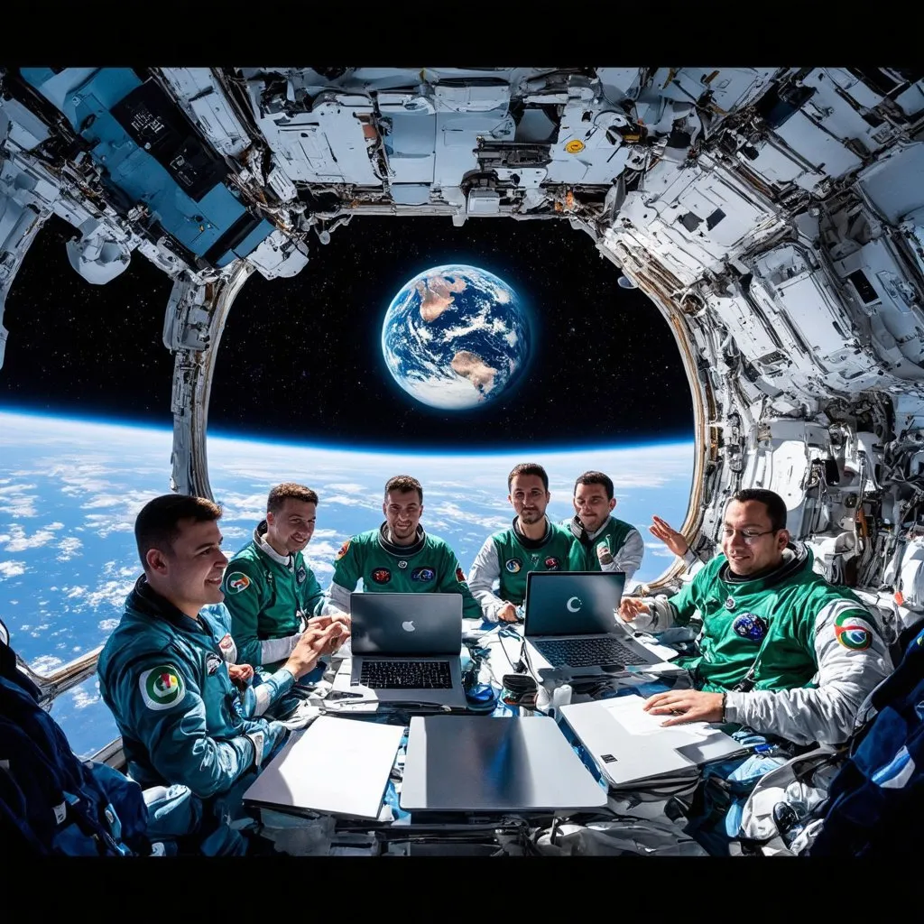Prompt: A group of jubilant Pakistani astronauts and Google Developers float in zero gravity aboard a spacious, brightly lit space station.  The astronauts, wearing colorful spacesuits with Pakistani flags on the arms,  marvel at the breathtaking view of Earth through a panoramic window.  Several Google Developers, clad in shirts with the Google logo,  work on futuristic laptops beside the astronauts, collaborating on a project.  A holographic display in the center of the group depicts lines of code and swirling data, symbolizing their innovative work.

Key elements:

Pakistani Representation: Include several Pakistani astronauts of diverse backgrounds.
Exuberance of Space Travel: Capture the awe and wonder of the astronauts experiencing space.
Collaboration: Depict Google Developers working alongside the astronauts in a spirit of teamwork.
Futuristic Technology: Showcase advanced technology within the space station, including holographic displays and sleek laptops.
Positive & Uplifting Mood: The overall feel should be one of accomplishment, international collaboration, and the limitless possibilities of space exploration.