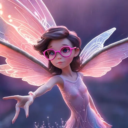 Prompt: Close up fairy flying with hands stretched out in front. Close up of upper torso. Stylized digital art. A trail of pink dust traces her flight path. Brunette hair with pink highlights. Glasses made of thin wire. Realistic. 