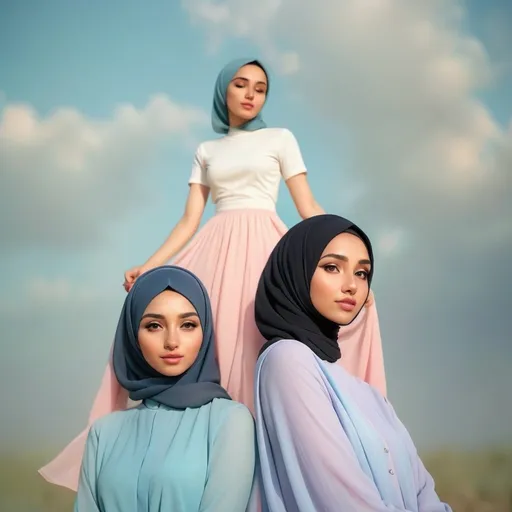 Prompt: Dreamy pastel portrait, woman and friend in modest hijab, ethereal atmosphere, soft focus