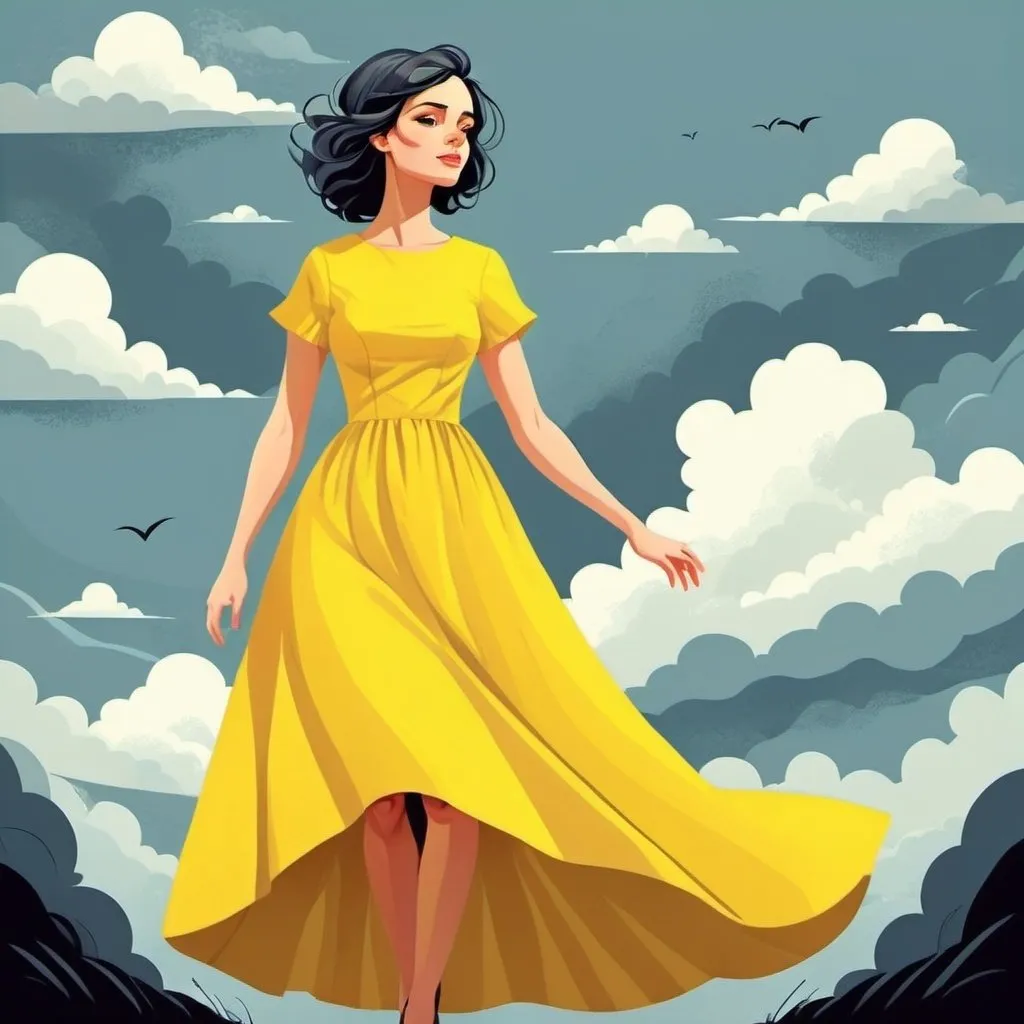 Prompt: 2d flat art, a woman in a yellow dress, vector art, cloudy day, cover art, bright colors, cute illustration suitable for tshirts