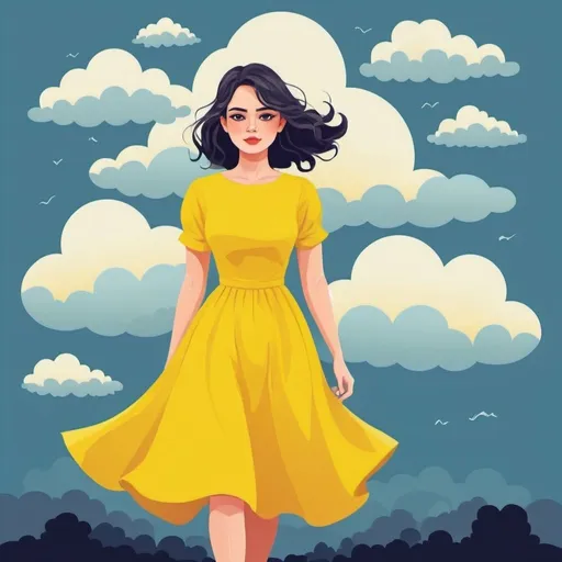 Prompt: 2d flat art, a woman in a yellow dress, vector art, cloudy day, cover art, bright colors, cute illustration suitable for tote bags design