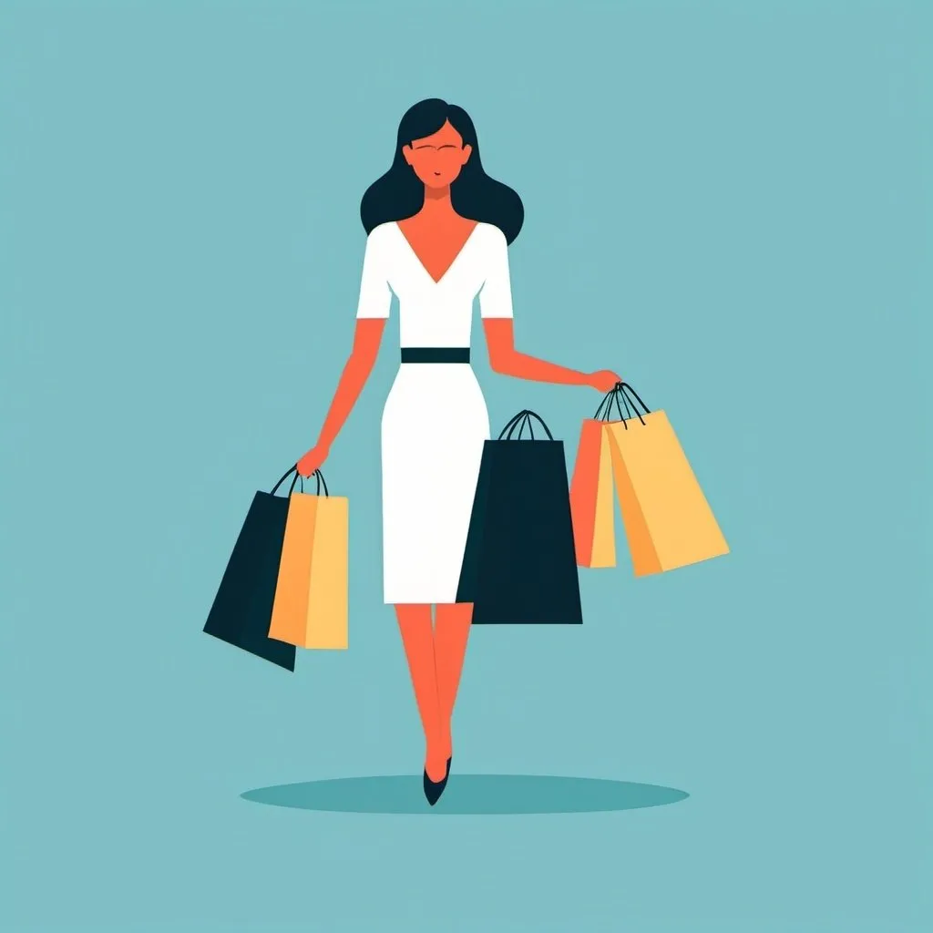 Prompt: Flat illustration a woman shopping, simple forms, simple shapes, vector, minimalism
