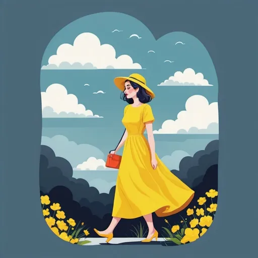 Prompt: 2d flat art, a woman in a yellow dress, vector art, cloudy day, cover art, bright colors, cute illustration suitable for tote bags design