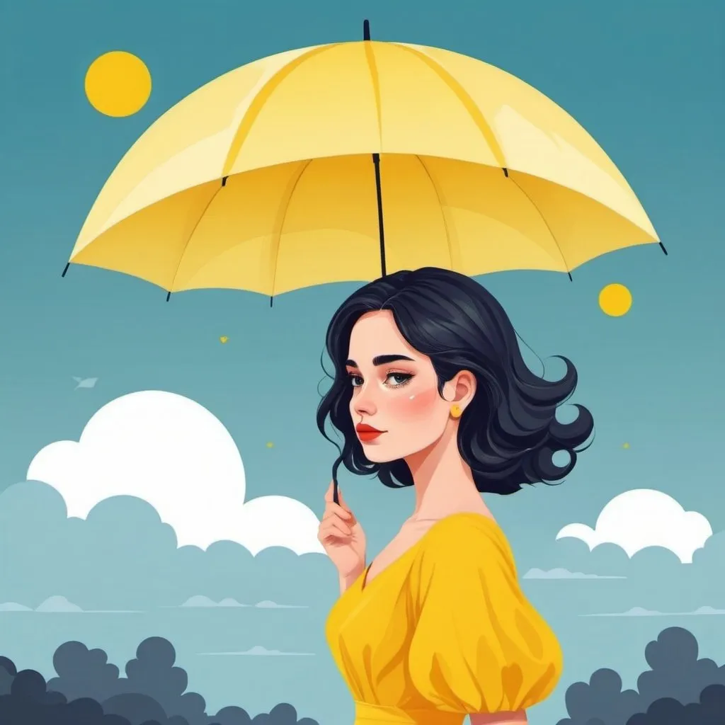 Prompt: 2d flat art, a woman in a yellow dress, vector art, cloudy day, cover art, bright colors, cute illustration suitable for tote bags design