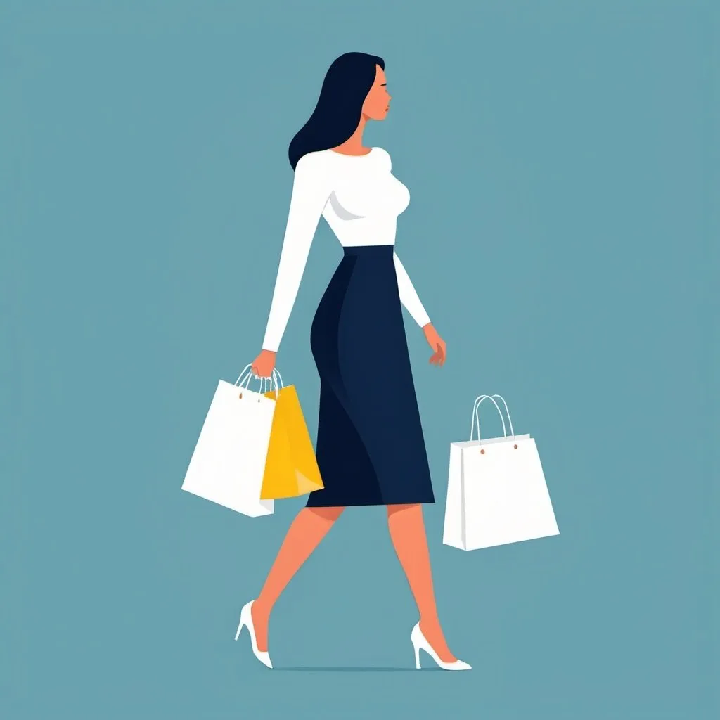 Prompt: Flat illustration a woman shopping, simple forms, simple shapes, vector, minimalism