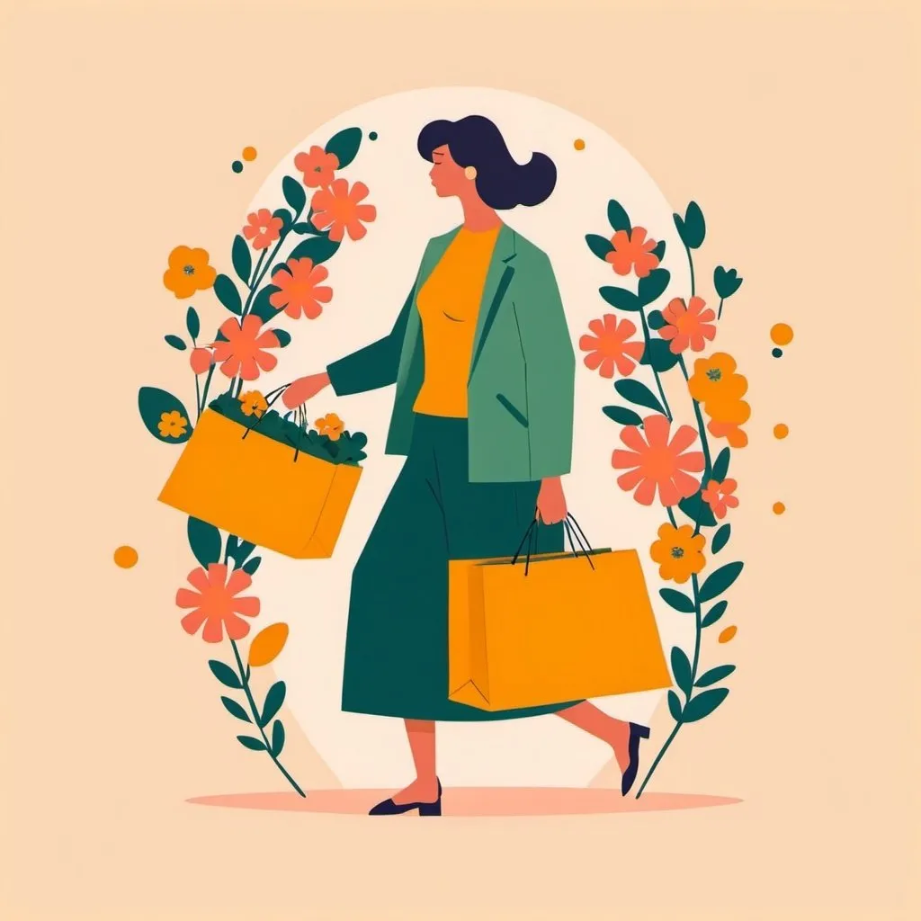 Prompt: Flat illustration a woman shopping, simple forms, flowery shapes, vector, minimalism