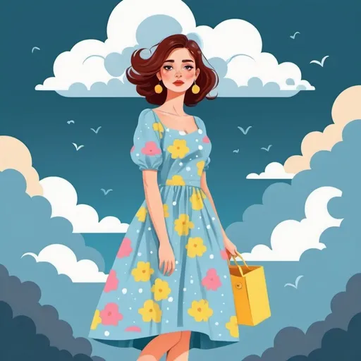 Prompt: 2d flat art, a woman in a dress, vector art, cloudy day, cover art, bright colors, cute illustration suitable for tote bags design