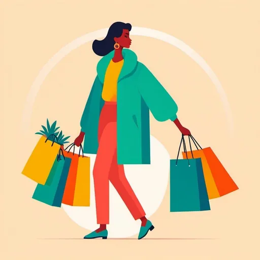 Prompt: Flat illustration a woman shopping, simple forms, bright shapes, vector, minimalism
