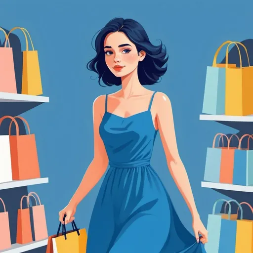 Prompt: 2d flat art, a woman in a blue dress, vector art, busy day, cover art, bright colors, cute illustration suitable for tote bags design