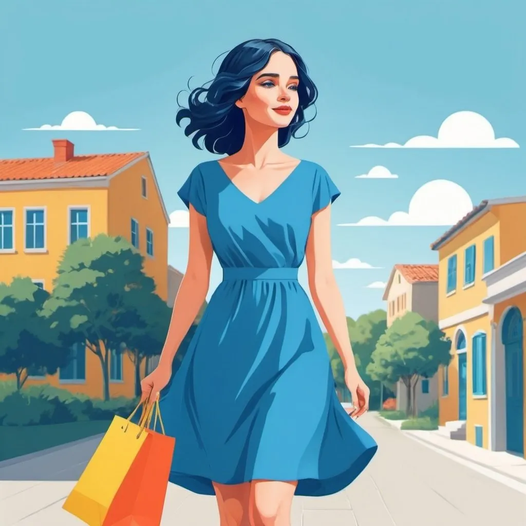 Prompt: 2d flat art, a woman in a blue dress, vector art, bright day, cover art, bright colors, cute illustration suitable for tote bags design