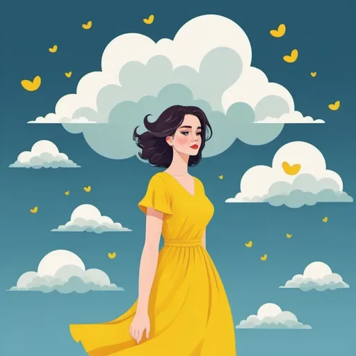 Prompt: 2d flat art, a woman in a yellow dress, vector art, cloudy day, cover art, bright colors, cute illustration suitable for tote bags design