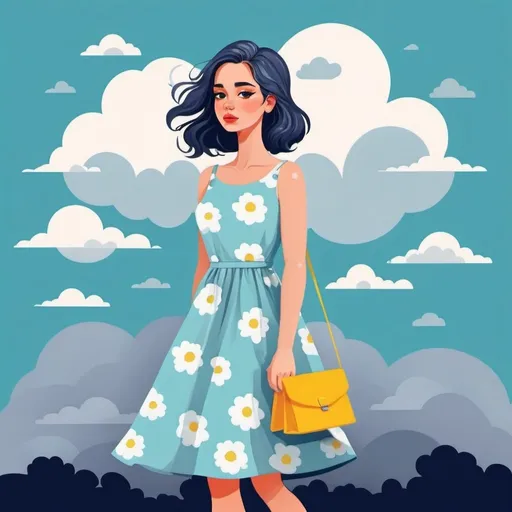 Prompt: 2d flat art, a woman in a dress, vector art, cloudy day, cover art, bright colors, cute illustration suitable for tote bags design