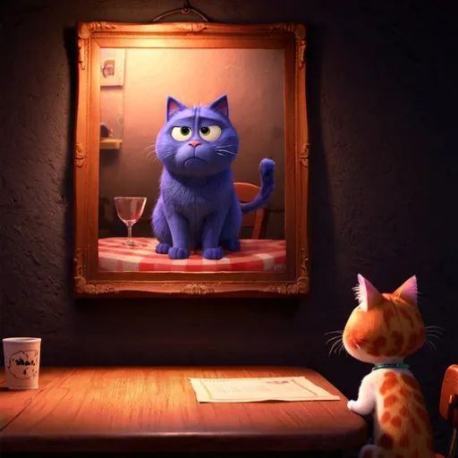 Prompt: Cat alone at the table at night looking at a hanged picture on the wall