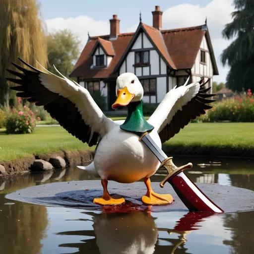 Prompt: A murderous duck with a big sword in its wing, blood everywhere - in the face of the duck, on the wings, in a pond with a house in the background. 