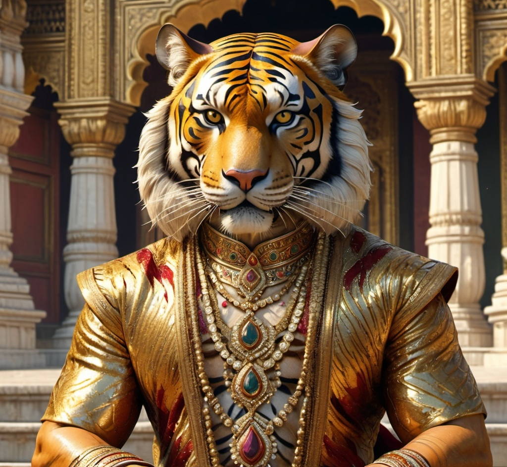 Prompt: A man tiger with indian royal dress, golden, 4k, fictional 