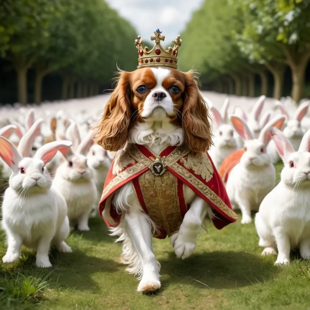 Prompt: A King Charles cavalier wearing queens robes, and crown, waling though afield of bunnies
