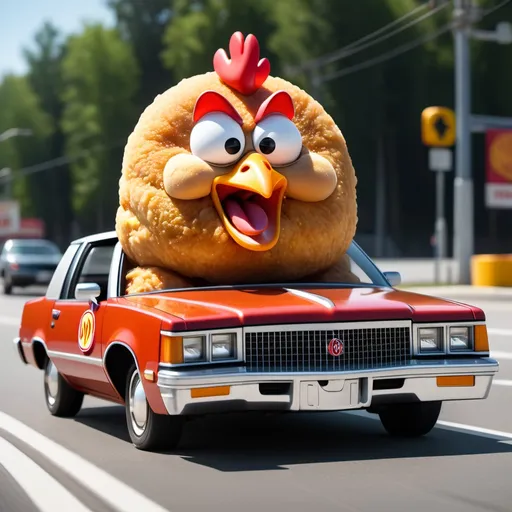 Prompt: a chicken mcnugget driving a buick screaming STAGE 1