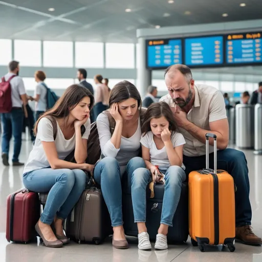 Prompt: A picture showing a stressed family at an airport with lost luggage, missed flights, a spilled drink. 