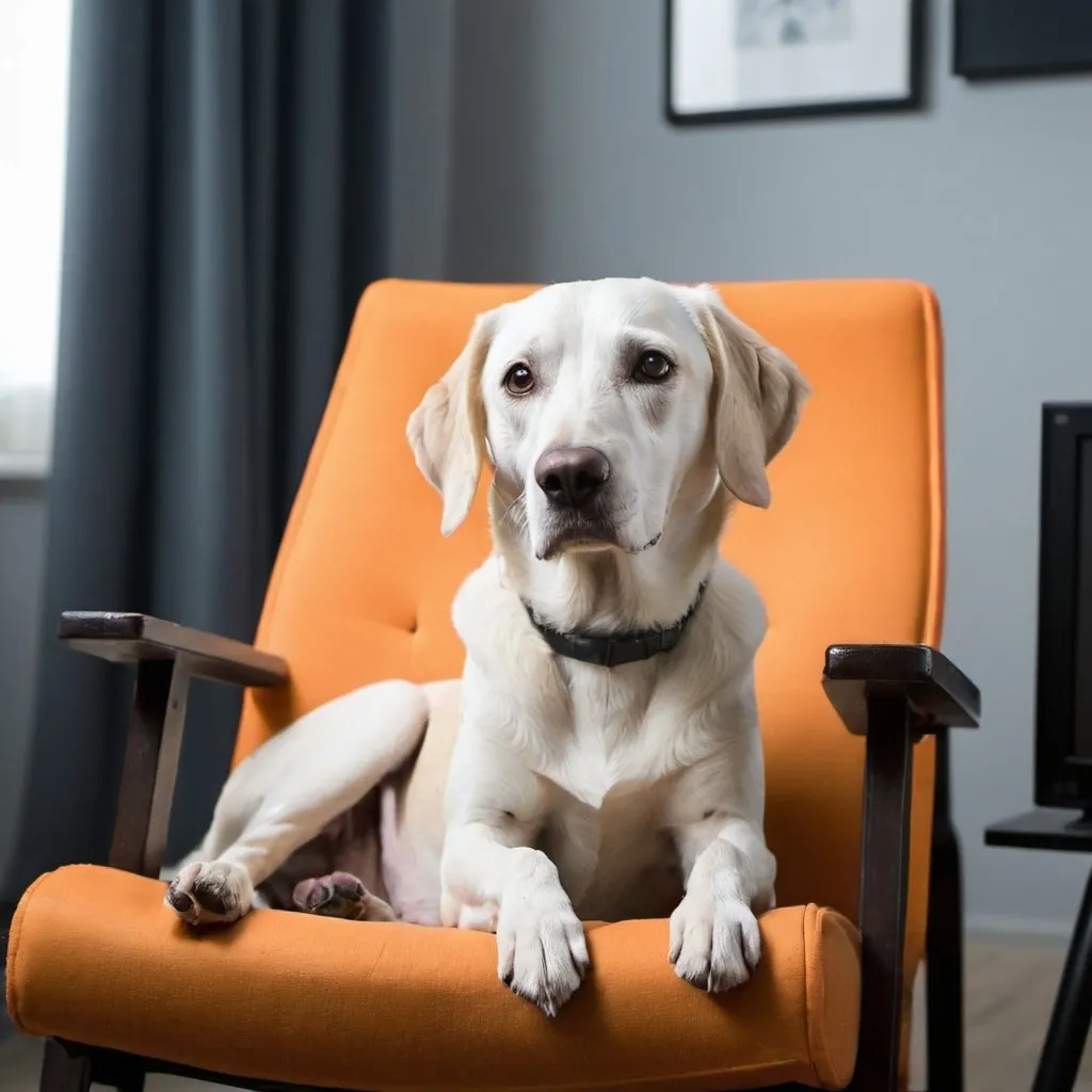 Prompt: A dog sitting on a chair and he is watchingtv