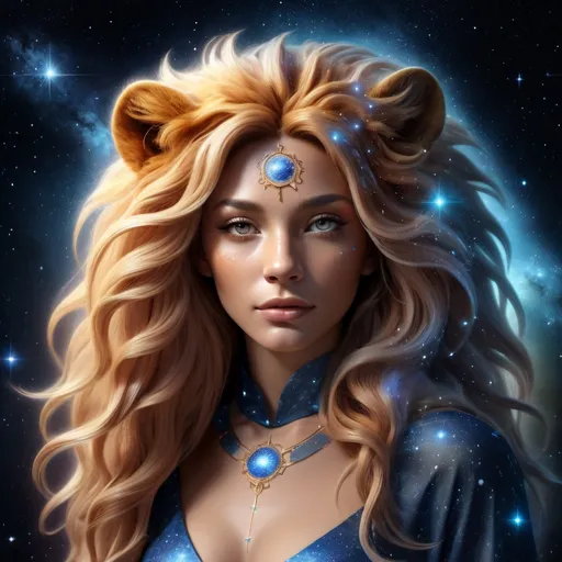 Prompt: 3d rendered hyper realistic, hyper detailed image of a beautiful mystical woman representing Leo the lion constellation , with a cosmic background.