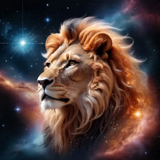 Prompt: 3d rendered hyper realistic, hyper detailed image of a beautiful mystical woman representing Leo the lion constellation , with a cosmic background.