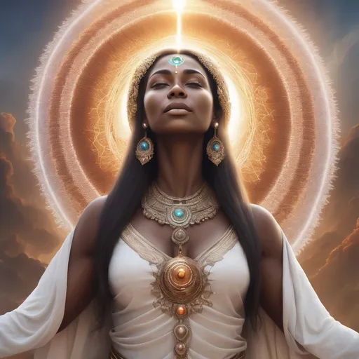 Prompt: A beautiful majestic spiritual woman embracing her true divine nature and living her purpose on earth, here to help humanity and share truth of who they are, hyper realistic, 3d rendered, hyper detailed