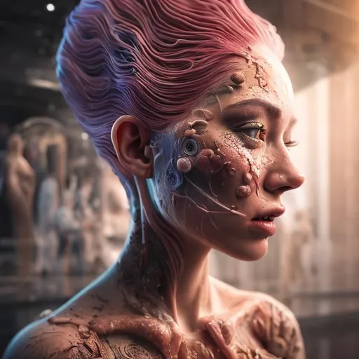 Prompt: A woman portraying the statement that Beauty is pain and theirs beauty in everything, hyper realistic, 3d rendered, hyper detailed, in a atmosohere of questioning or wisdom.