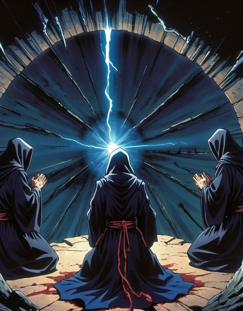 Prompt: A group of cultist praying in a dark circle. You can see they are wearing black and dark blue robes and praying to a crack in the wall of a cave. This crack is large and within is a black hole with a blue event horizon. Use art style like gritty 90s anime. Like Berserk